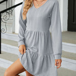 Solid Color Patchwork V-Neck Long Sleeves Loose-Fitting A-Line Dress