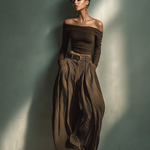 Women's Fashionable And Sexy Dark Brown Off-the-shoulder Long-sleeved Fitted Top Paired With Matching Wide-leg Trousers