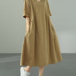 Summer Short Sleeve V-Neck Solid Cotton Casual Dress with Pockets