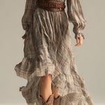 Women's Beige - Plaid Bohemian Chiffon Ruffled Midi Dress