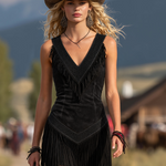 Retro V-neck Fringed Suede Sleeveless Mini Dress