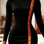 Bodycon Long Sleeves Buttoned Contrast Color Split-front Split-Joint Mock Neck Midi Dresses
