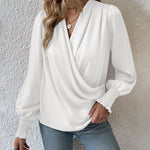 Nadorine Elegant V-neck Lantern Sleeve Blouse Temperament Solid Color Shirt for Women Casual Work Office Loose Fit 2026 | Under $40