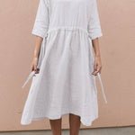 Lace-up V-neck cotton linen mid-sleeve dress