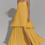 Women's Sunflower Yellow Chiffon Dress With Silhouette & Tiered Ruffle Hem, Timeless Romantic-Luxe Style Dress