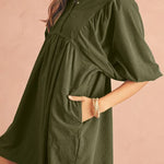 Vineyard Green Snap Button Empire Waist Lantern Sleeve Corduroy Dress