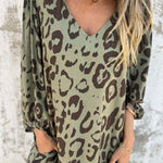 Leopard Print V-neck Pullover Long-sleeved Loose Dress