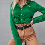 Nadorine Solid Color Long Sleeve Blouse Pleated Elegant Cardigan Shirt for Women Casual Work Office Loose Fit 2026 | Under