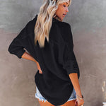 Nadorine Solid Color V Neck Long Sleeve Button Down Blouse with Pockets