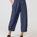 Solid Color Elastic Waist Stitching Straight High Waist Cropped Casual Pants