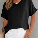 Solid Color V Neck Short Sleeve Blouse