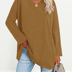 Solid Color V Neck Long Sleeve Pullover Basic Tshirts Casual Sweatshirts