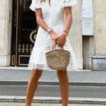 Sweet Valor Crochet Lace Puff Sleeve Button Up Mini Dress