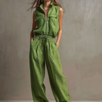Casual Retro Green Cotton Linen Sleeveless Zip-up Shirt And Wide-leg Pants Set