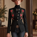 Stand Collar Single-breasted Rose Embroidered Woolen Blazer