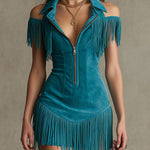 Western Retro Peacock Blue Faux Suede Hollow-Out Tassel Mini Dress
