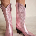 Embroidered Pointed Toe Thick Heel Western Boots