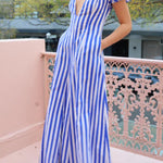 Indulge in Timeless Striped Print Puff Sleeve Pocketed Wavy Maxi Dress