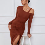 Sexy Drawstring Slit Off Shoulder Long Sleeve Dress