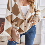 V-neck geometric patchwork contrasting knitted cardigan casual loose jacket