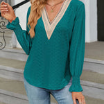 Solid Color Lace Patchwork V-Neck Loose-Fitting Long-Sleeved T-Shirt Top