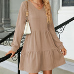 Solid Color Patchwork V-Neck Long Sleeves Loose-Fitting A-Line Dress