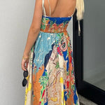 Unique Printed Lace-up Suspender Pockets Casual Resort Style Midi Dress