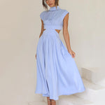 Stand Collar Solid Color Hollow Waist Long Dress