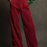 Retro Green Velvet Pleated Long-sleeved Shirt And Houndstooth Wide-leg Pants Set