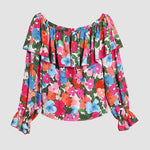 Nadorine Off The Shoulder Blouses Floral Print Long Sleeve Ruffle Tube Shirt Tops