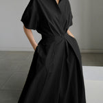 High Waisted Loose Pleated Solid Color V-Neck Midi Dresses