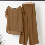 Summer Trousers Suits Matching Sets Short Sleeve Blouse Wide Leg Pants Sets