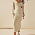 Nadorine Women's Casual Solid Color Knitted Dress V-neck Sweater Dress