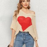 V Neck Crochet Sweater Off Shoulder 3/4 Sleeves Loose Knit Cute Heart Pullover Top