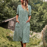 Nadorine Women's Button Down V Neck Full Print High Waist A-Line Summer Casual Dress