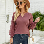 Nadorine V Neck Tops Solid Color Blouse Long Sleeve Pullover Lace Patchwork Shirt