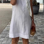 Linen Blend Solid Color Crew Neck Sleeveless Casual Mini Dress