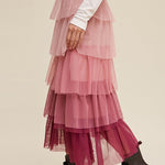 Pink Gradient Mesh Ruffle Tiered Tulle Maxi Skirt