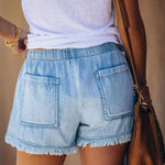 Nadorine Denim Shorts Casual Drawstring Elastic Waist Summer Frayed Tencel Short Jeans With Pockets