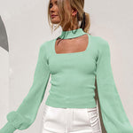 Lantern Sleeve Hollow Half Turtleneck Knit Sweater