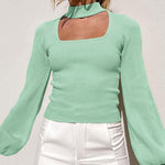 Lantern Sleeve Hollow Half Turtleneck Knit Sweater