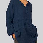 Nadorine Plus Size Cotton and Linen Casual Loose V-neck Long-sleeved Shirt Top