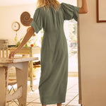 V Neck Short Sleeve Button Down Blouse Dress Tie Casual Long Maxi Dresses