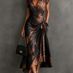 Brown Black Abstract Print Wrap Midi Dress Collared V Neck Short Sleeve Tie Waist Ruffled High‑Low Hem Dress