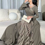 A-Line Wrap Pleated Solid Color Split-Joint V-Neck Maxi Dresses