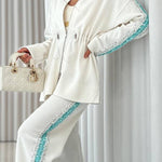 Edan Textured Knit Sequin Patchwork Drawstring Zipper Sweatshirt and Stretch Wide Leg Pants Set