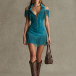Western Retro Peacock Blue Faux Suede Hollow-Out Tassel Mini Dress