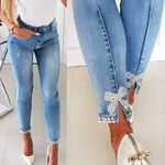 Margovil Bow Knot Pearl Beaded Pencil Denim Pants