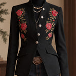 Stand Collar Single-breasted Rose Embroidered Woolen Blazer