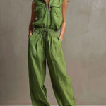 Casual Retro Green Cotton Linen Sleeveless Zip-up Shirt And Wide-leg Pants Set